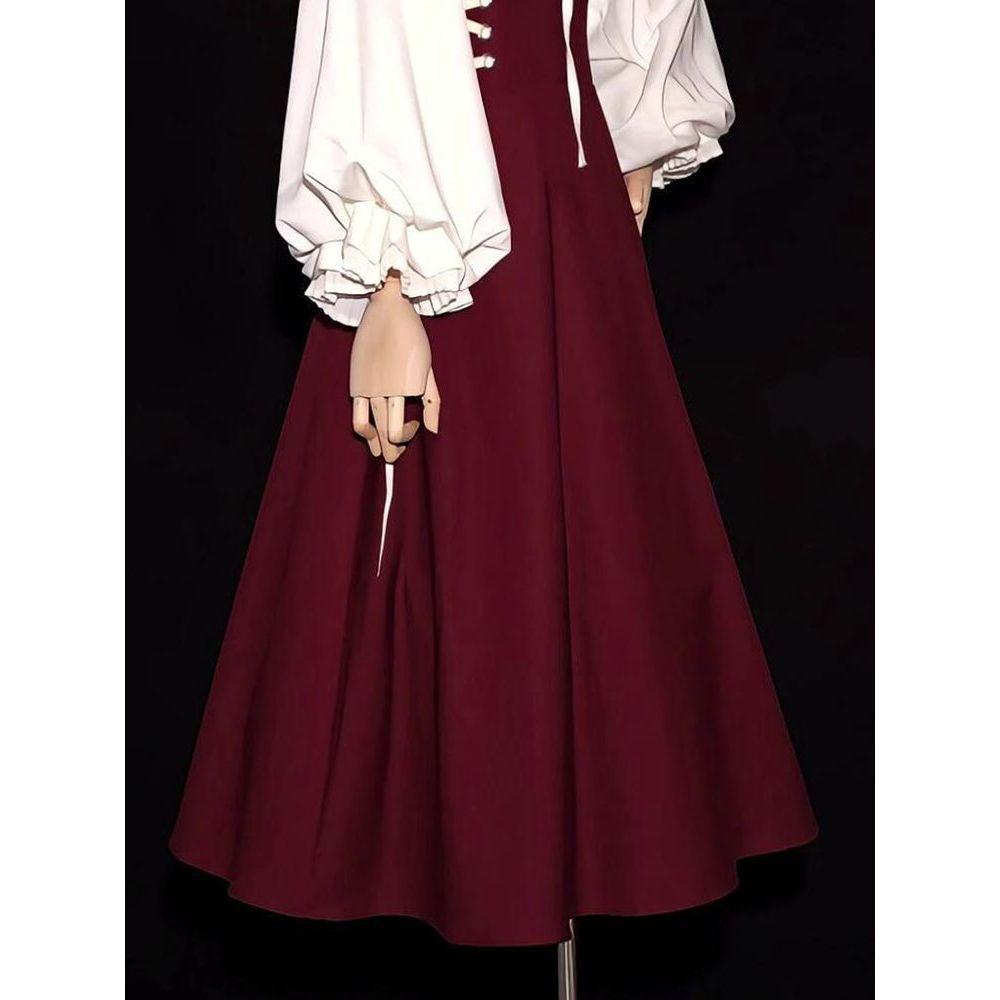 French Retro Hepburn High-Waisted Tie-Up Strap Dress & Lantern Sleeve Shirt Set