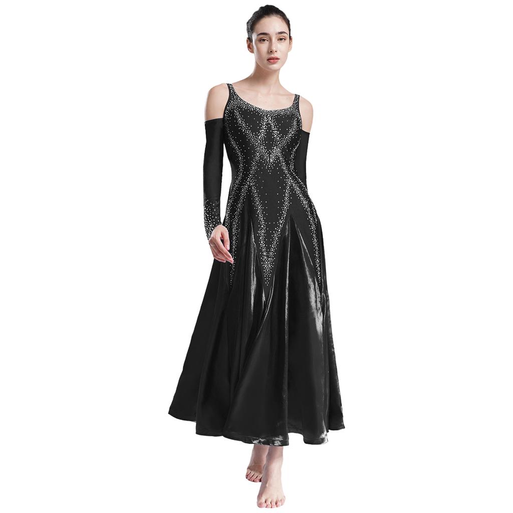 Женское бальное платье для танцев с V-образным вырезом, открытой спиной, открытыми плечами, блестящими стразами, расклешенным подолом, сценическое платье для выступлений