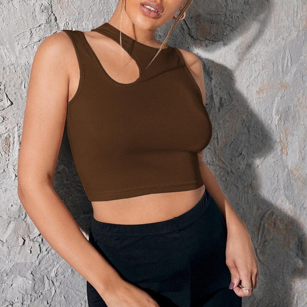 Women's Sexy Hot Girl Fashion Design Sleeveless Sports Vest Slim Ultra Short Sexy Hollow Round Neck Solid Color Top