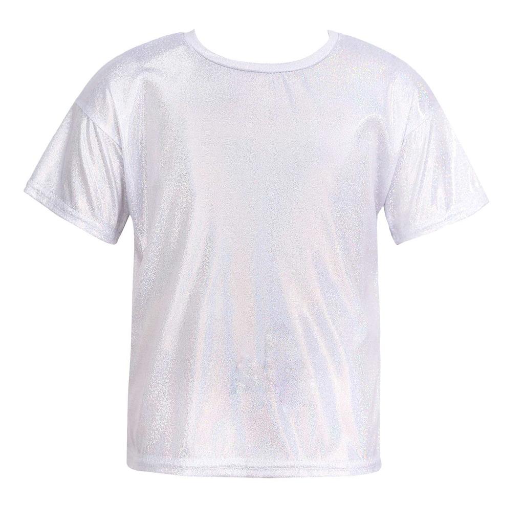 Unisex Kids Metallic Shiny Jazz Dance Top Sparkly T-shirt Performance Wear Boys Girls Dance Class Outfit