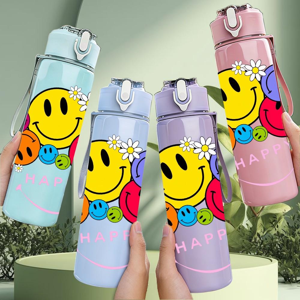 1PC Multi Color Smiley Faces Pattern 750ml Color Plastic Sports Water Bottle Leakproof Flip Straw Lid Suitable for Sports Office Home Use