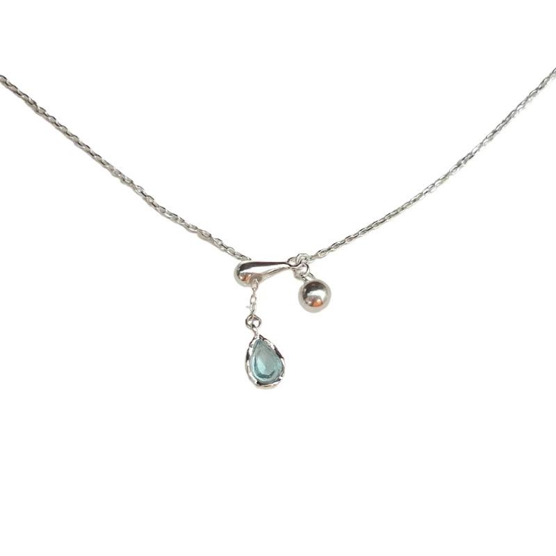 925 Sterling Silver Blue Water Drop Necklace Adjustable Clavicle Chain Ins Silver Necklace