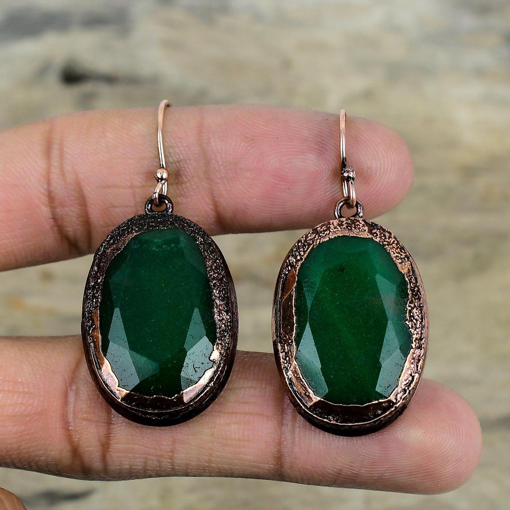 Faceted Zambian Emerald Earring Electroformed Copper Earrings Natural Gemstone Handmade Earring Unique Copper Design Jewelry Gifts For Wife