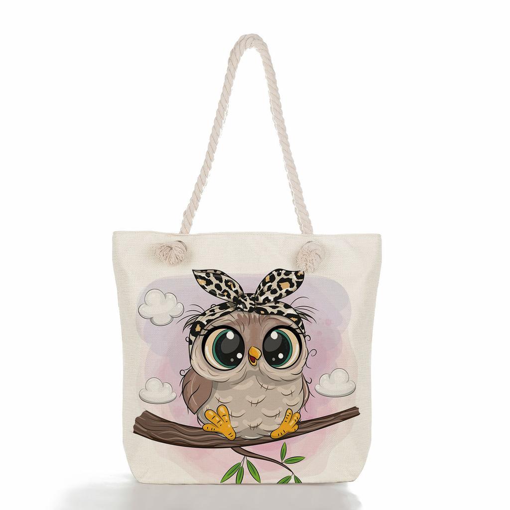 Cute owl print thick rope single-shoulder beach bag 7288 CLE