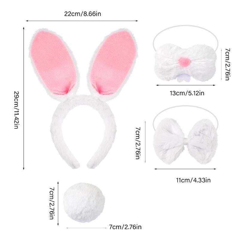 Ободок с кроличьими ушками, бабочка, нос, кроличий хвостик для Хэллоуина, косплей-вечеринки, 4 шт., костюм пасхального кролика для детей и взрослых