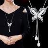 Fashion Opal Butterfly Long Necklace Sweater Chain Metal Crystal Pendant Necklaces Accessories On Neck Fashion Jewelry Female