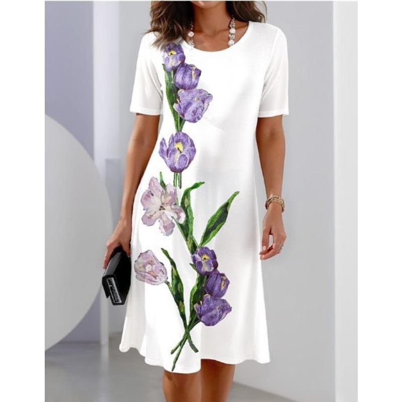 Women's Fashion Summer Spring Flower Pattern Print Short Sleeve O-Neck Casual Dresses