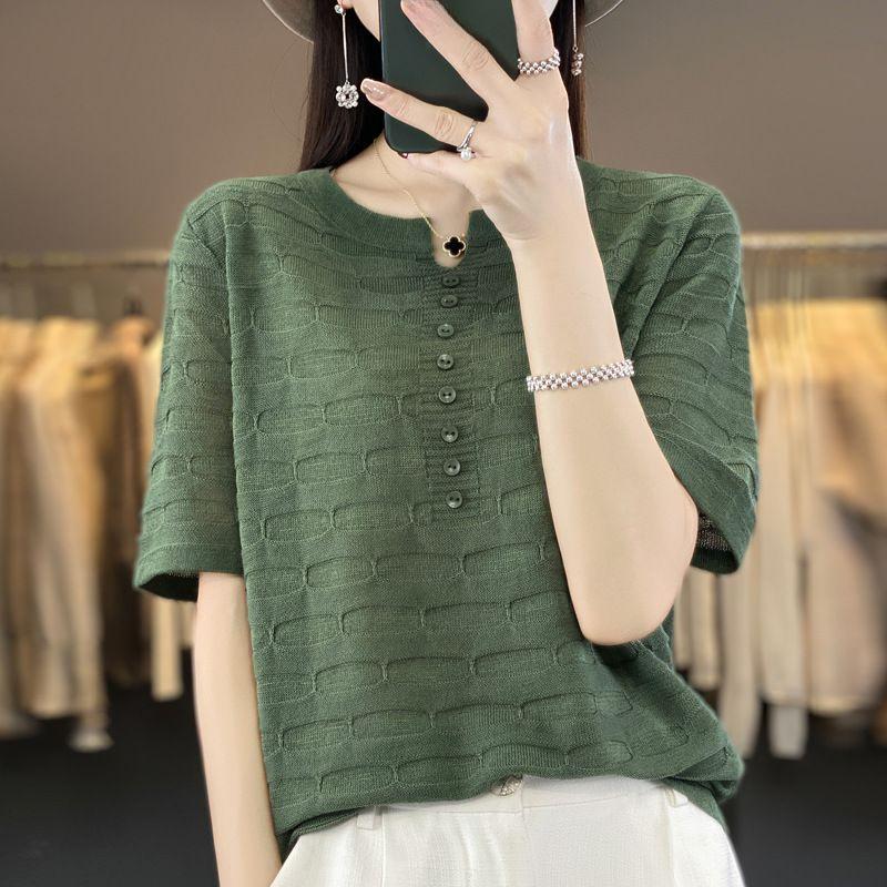 Повседневная свободная женская футболка Ice Silk с короткими рукавами, летняя рубашка из тонкого трикотажного льна с пуговицами