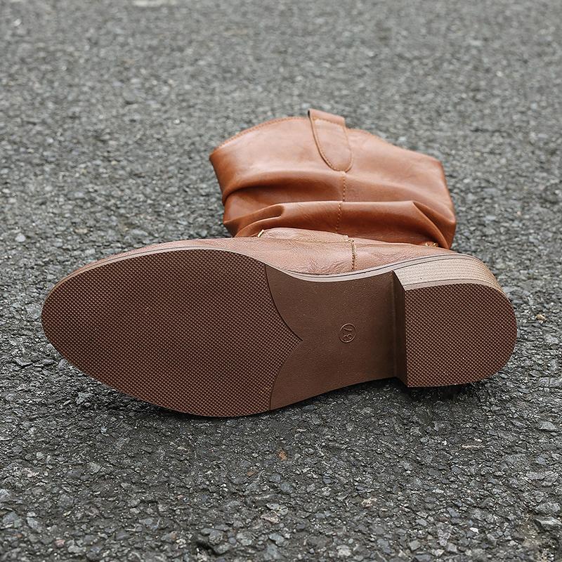 Модные коричневые полусапоги из искусственной кожи для женщин, осень-зима, винтажные ковбойские сапоги на толстом каблуке, женские свободные плиссированные ботинки в стиле вестерн