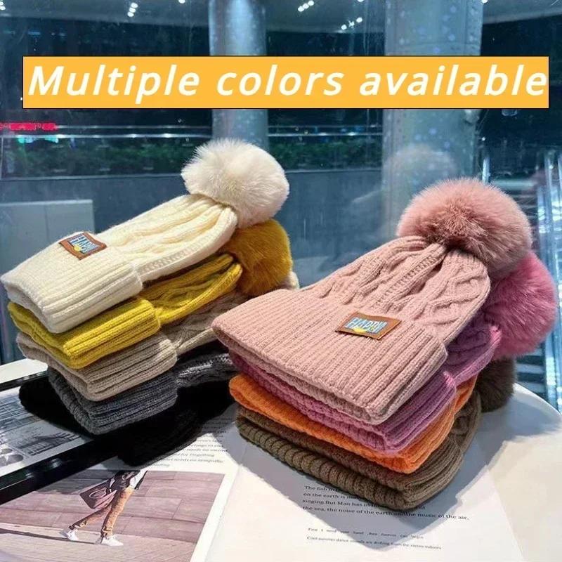 Корейские утепленные вязаные шапки, женские плюшевые зимние теплые шапки на флисовой подкладке для женщин и девочек, уличная шерстяная термошапка
