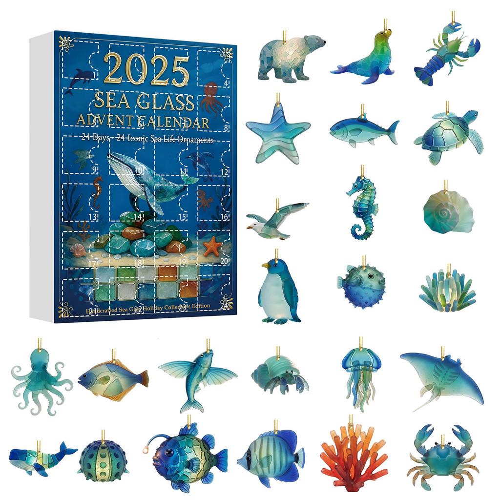 Christmas Countdown Calendar With Marine Animal Acrylic Ornaments For Holiday Decor