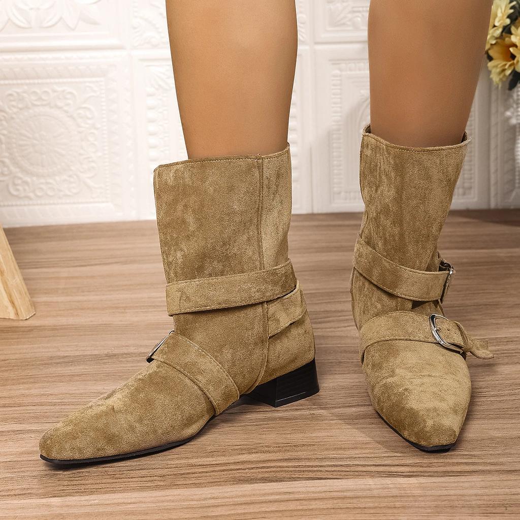 Зимние женские ботильоны на щиколотке из короткого меха с кожаной пряжкой, большого размера, модные ботильоны с острым носком, элегантные ботильоны на низком каблуке