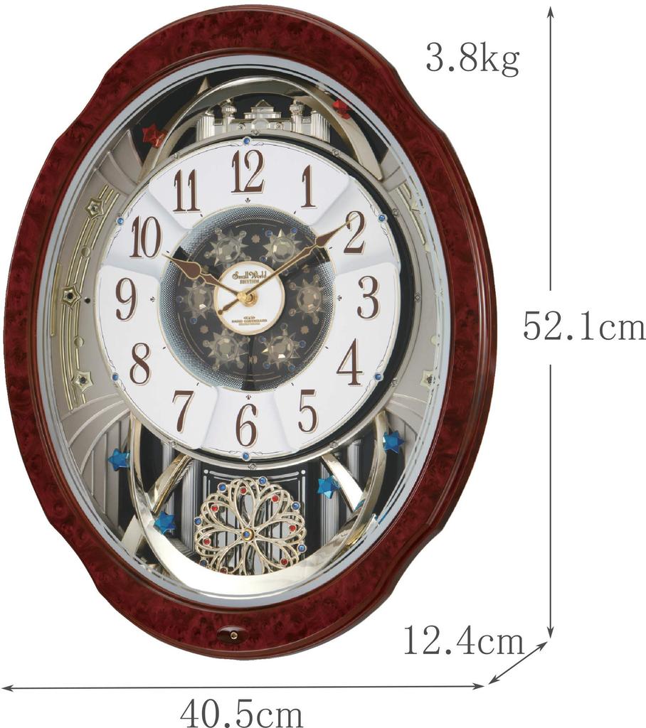 RHYTHM Wall Clock Radio Analog Karakuri Small World Bloom GO 30 Songs Melody Brown Grain Small World 4MN499AZ23 Brown (Wood Finish) 52.1x40.5x12.4cm