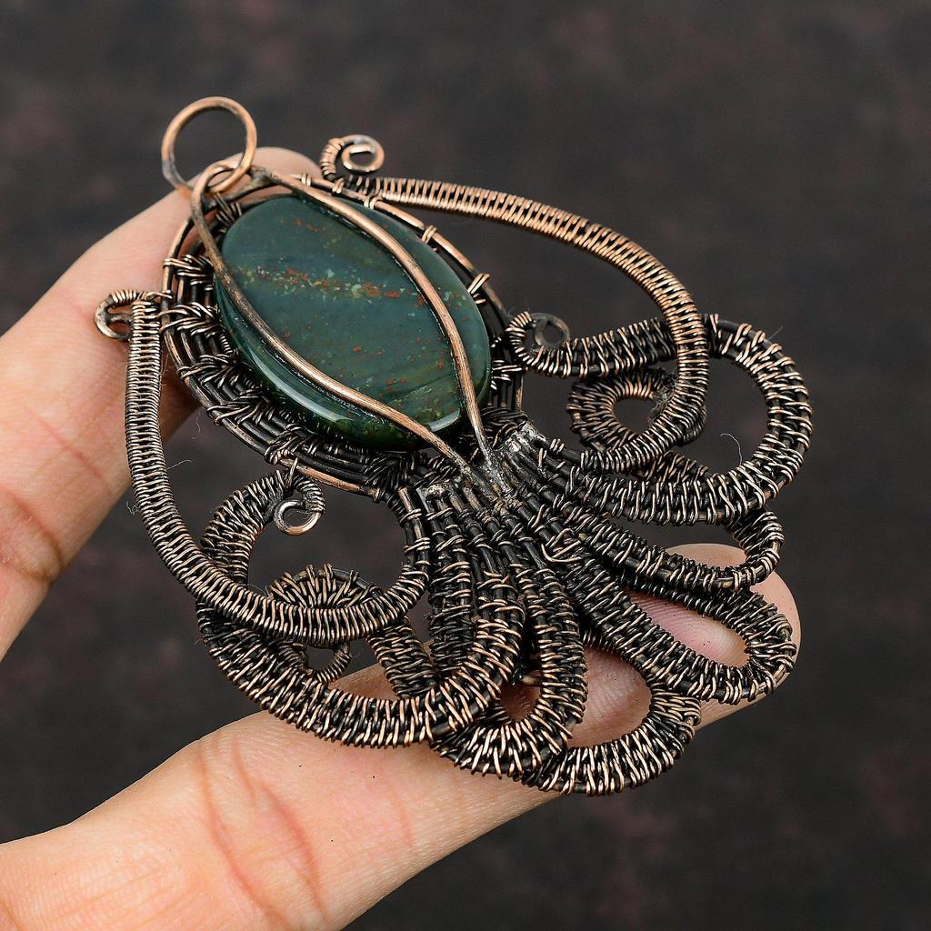 Bloodstone Copper Pendant Wire Wrapped Pendant Octopus Pendant Wire Wrap Gemstone Jewelry Handmade Pendant Wonderful Copper Jewelry For Gift