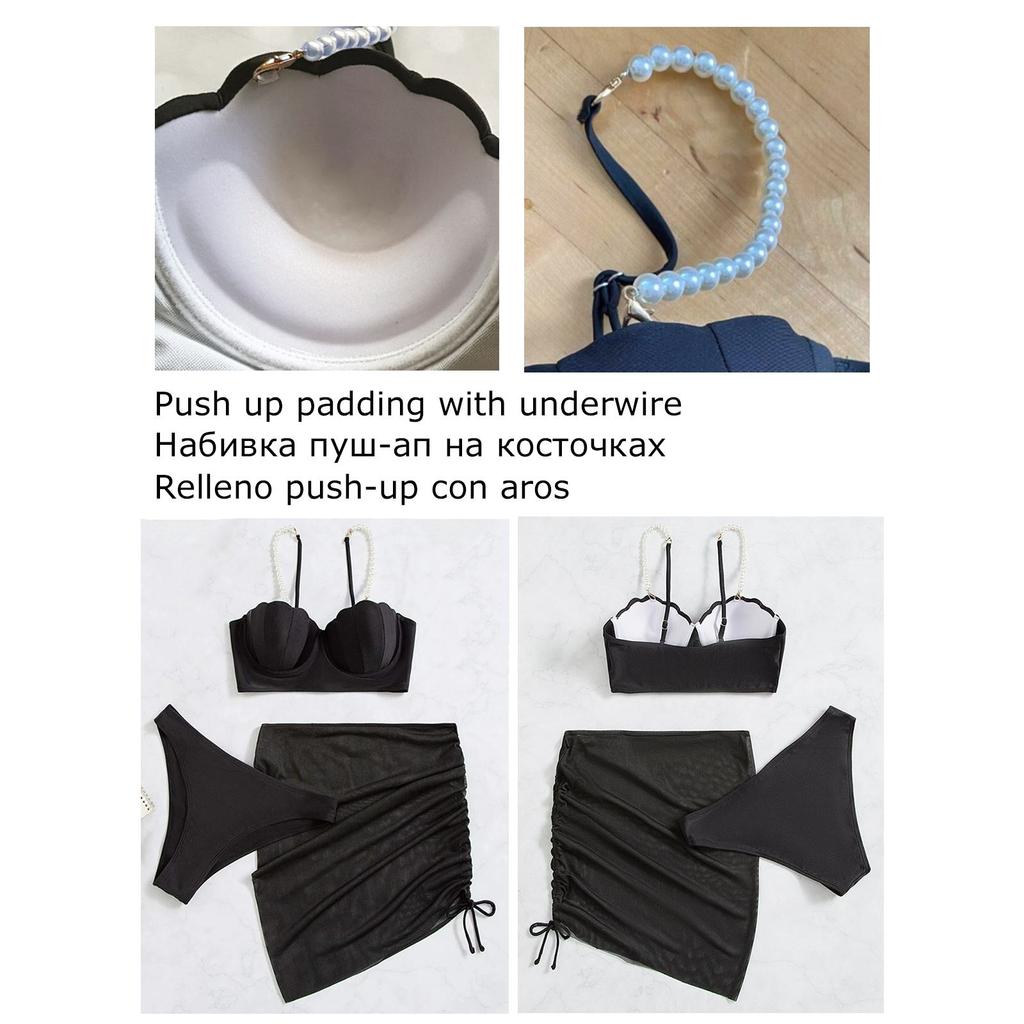 Сексуальный комплект бикини из 3 предметов, женский купальник с юбкой, купальник, женский бикини с эффектом пуш-ап, пляжная одежда, купальный костюм с искусственным жемчугом