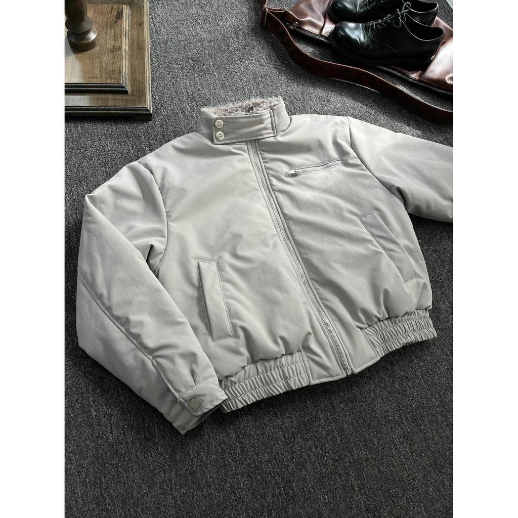 Цементно-серый зимний теплый хлопковый бомбер Харрингтон с меховым воротником