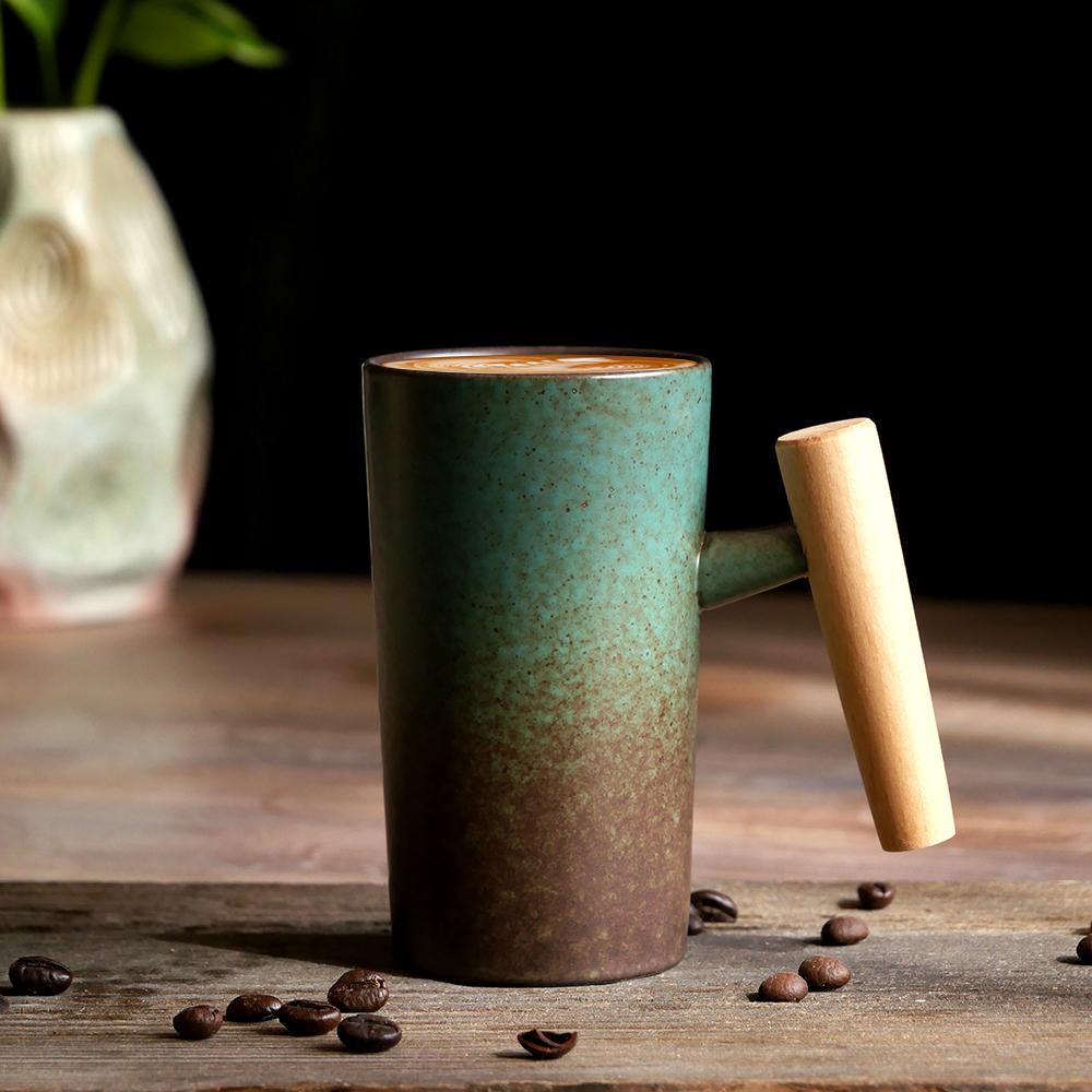 Ceramic Mug Wooden Handle Coffee Cup Vintage Kiln Variation Pottery Large Capacity Tea Water Cup for Home Office Kitchen