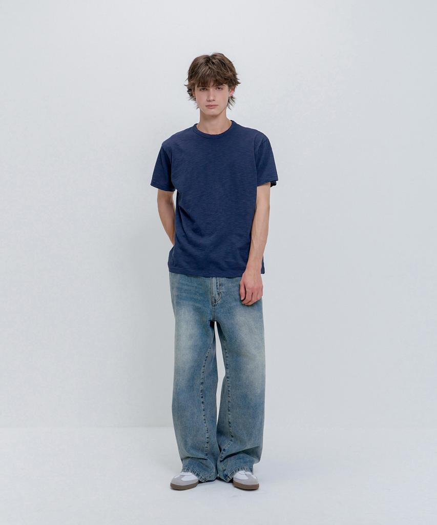 PSSHOPPER Semi-Crop Slub Vintage Short Sleeve T-Shirt [Navy]