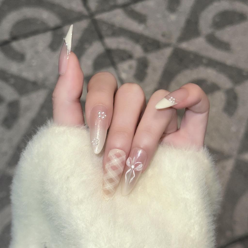 Temperature Manicure Wear Nail Handmade Sweet Nude Color French Bow Fake Nail Patch