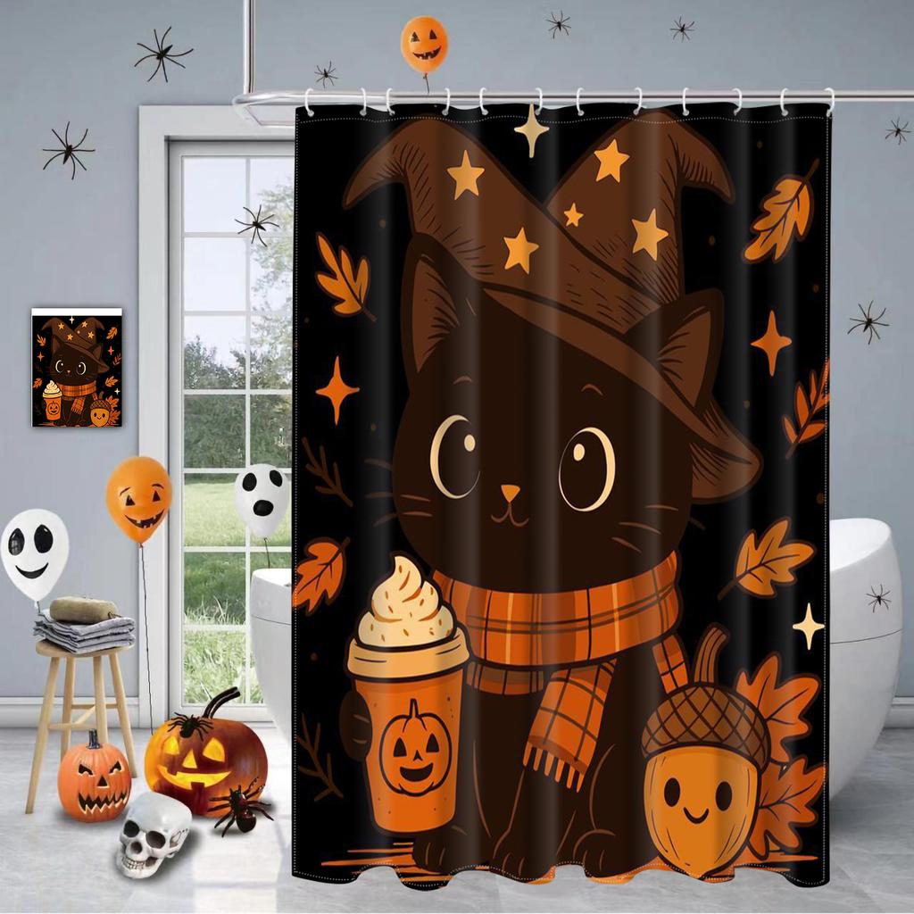Halloween Cats Pattern Bathroom Shower Curtain With 12  Hooks Home Bathroom Decor And Accessories