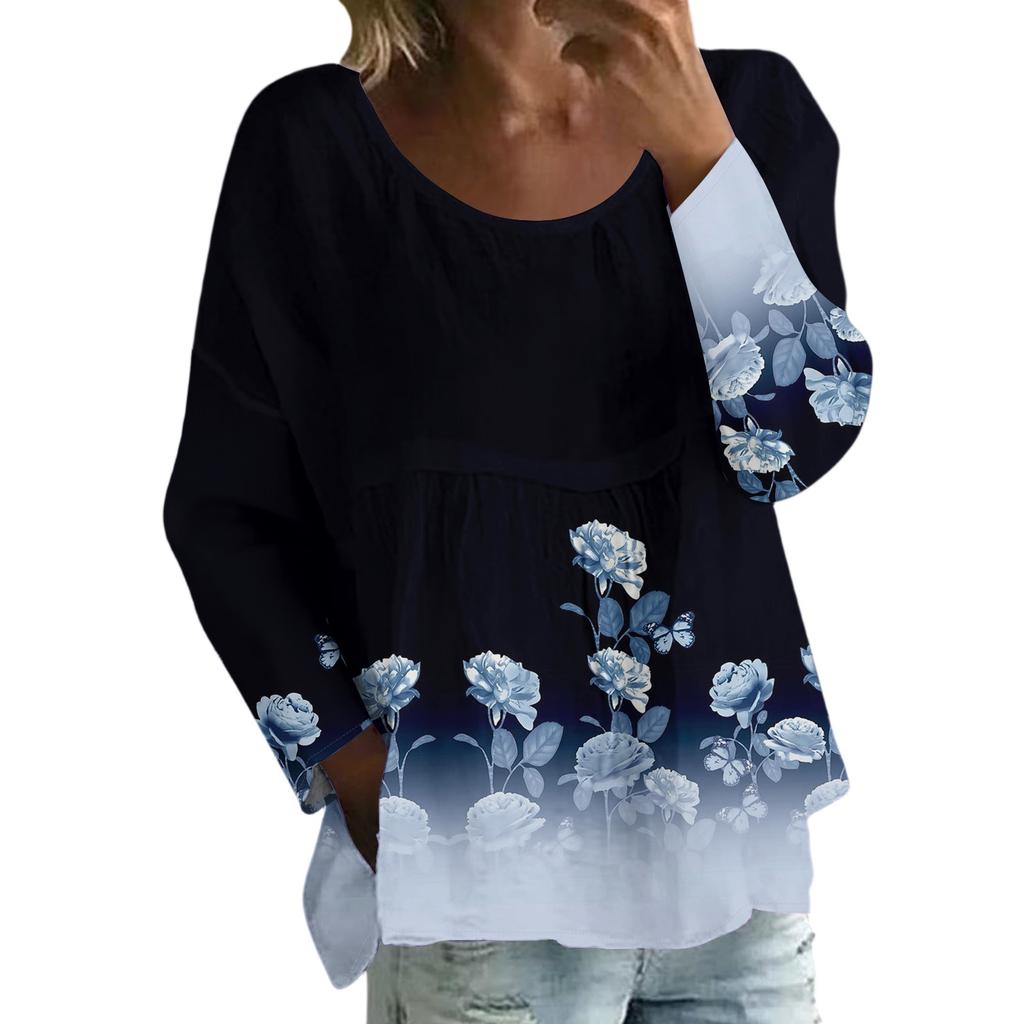 Women's Casual Fashion Loose Round Neck Floral Print Long Sleeve Top