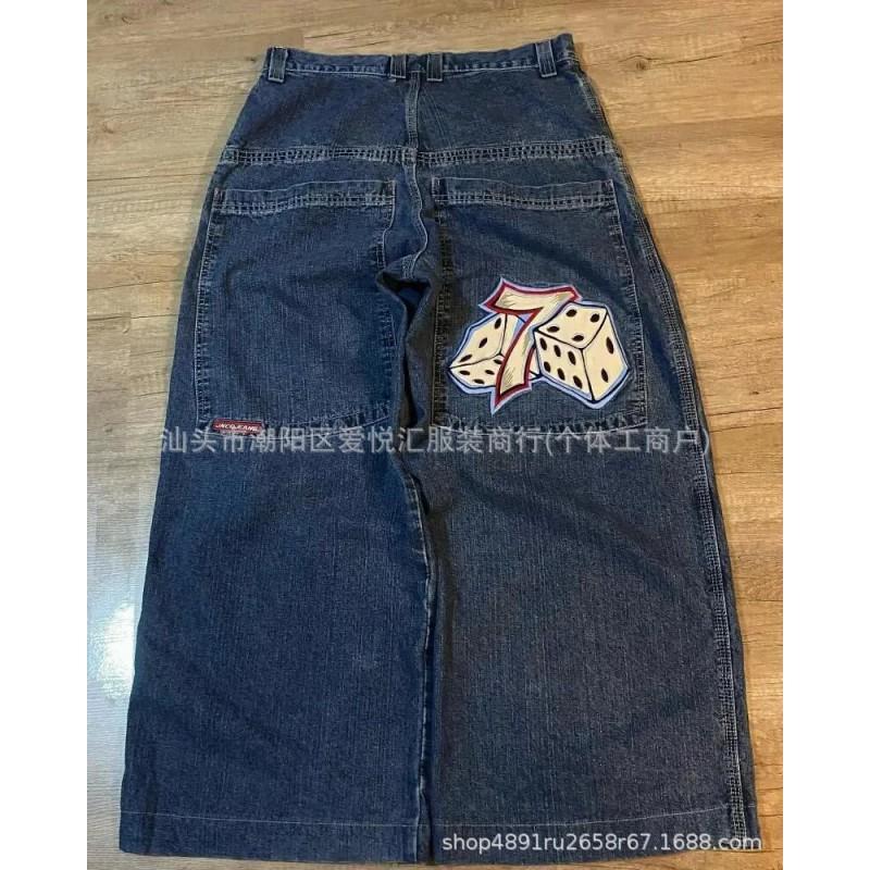 Mens Relaxed Fit Washed Denim Jeans With Embroidered Hip Hop Graphic Casual Wear