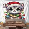 Cute Christmas Cat with Festive Lights Pattern Wall Hanging Tapestry Decorative Tapestry Home Decor for Bedroom and Living Room