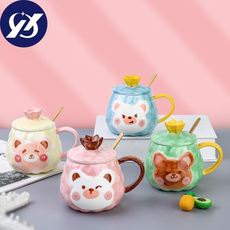 Креативная мультяшная чашка с медведем, керамическая кружка с ручной росписью и крышкой, пара, чашка для кофе, молока, домашнего офиса, логотип