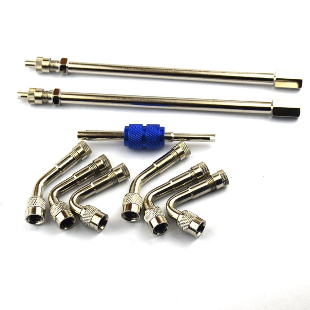 Набор из 9 латунных удлинительных стержней для накачивания шин и металлического переходника для подключения бескамерных вентилей на автомобилях и мотоциклах.