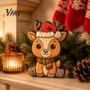 Holiday Party Decorations Wooden Christmas Elk Figurine with Santa Hat And Scarf, Cartoon Deer Tabletop Decoration Hand Painted Craft for Home Decor,