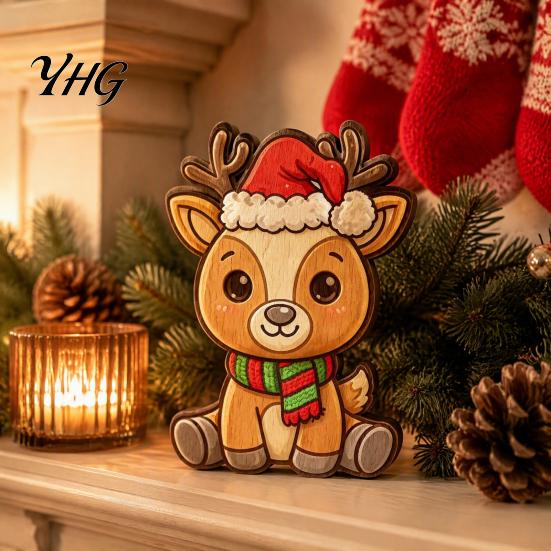 Holiday Party Decorations Wooden Christmas Elk Figurine with Santa Hat And Scarf, Cartoon Deer Tabletop Decoration Hand Painted Craft for Home Decor,