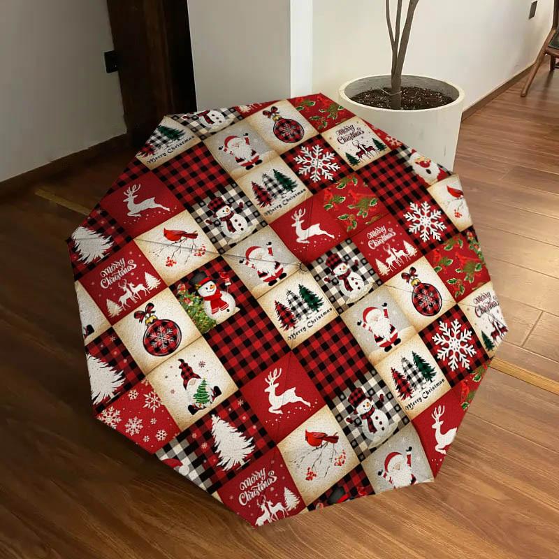 1pc Christmas Plaid Winter Holiday Round Tablecloth Umbrella with Plastic Handle,Suitable for All Seasons Home Travel Outdoor UmbrellaDD247