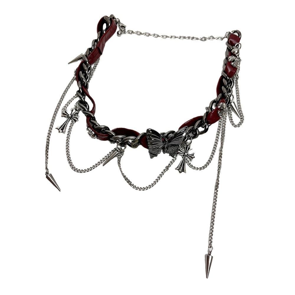 Ошейник-чокер с заклепками из металла и кожи Croopunk Butterfly Girl Y2K Subculture Niche