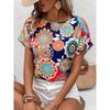 Elegant and Fashionable Versatile Round Neck Printed Short Sleeved Shirt for European and American Women