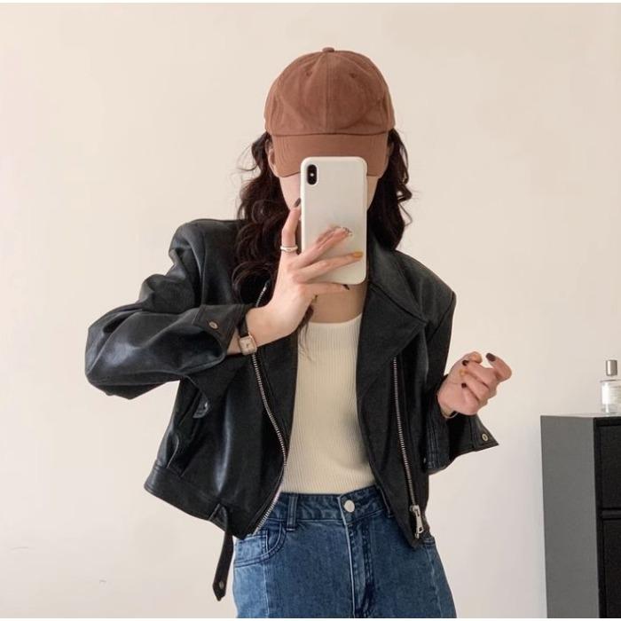 Стильная короткая мотоциклетная куртка кофейного цвета, женская куртка из искусственной кожи с дизайнерским смыслом