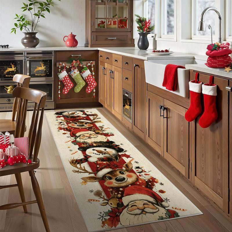 Christmas Santa Reindeer Runner Rug Non Slip Washable Hallway Mat For Kitchen Bedroom Bedside Entryway Holiday Decor
