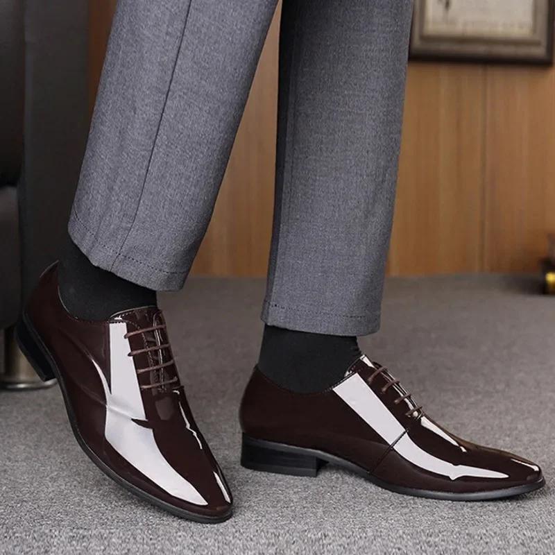 Men's New Formal Business Leather Shoes Spring Fashion Lace Up Pointed Patent Leather Wedding Shoes Big Size 38-48 Men's Shoes