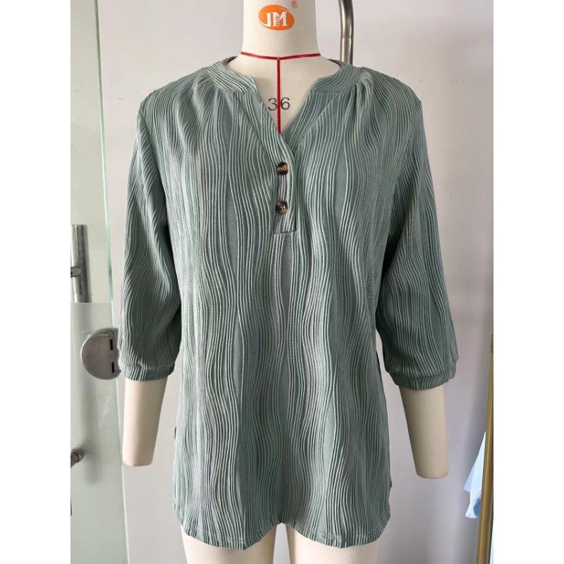 Spring and Summer Women's T-shirt Solid Color V-neck Loose Button Mid-sleeve T-shirt Top