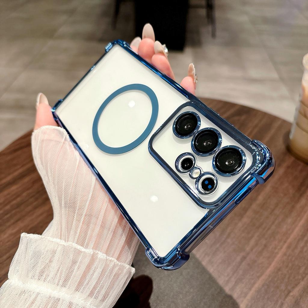 Подходит для чехла для мобильного телефона Samsung S25 Ultra, четырехугольная воздушная подушка, защита от падения, магнитная зарядка, S24, прозрачная гальванизированная жесткая оболочка 23F