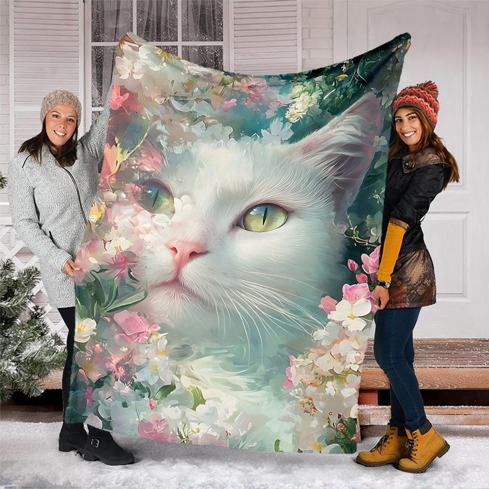 1pc Floral Cat Print Outdoor Flannel Blanket Soft All Season Polyester Throw , Perfect for Picnics & Travel , Picnic Accessory