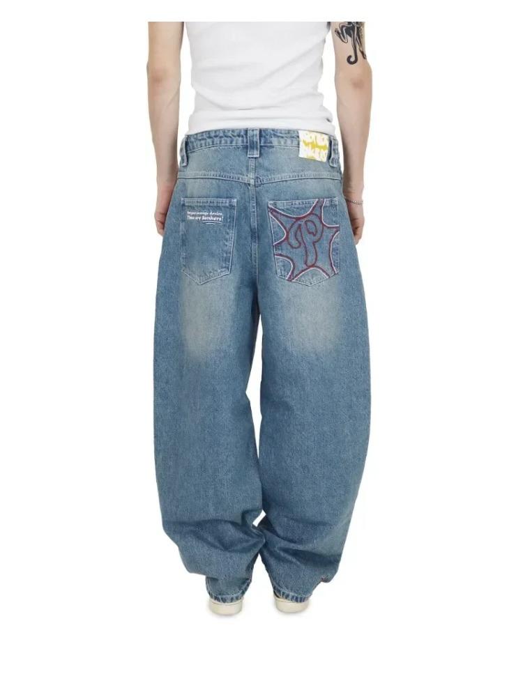 Джинсы Streetwear Y2K Мужские брюки Harajuku Hip Hop Вышитые буквы Винтажные синие мешковатые джинсы с высокой талией Широкие брюки