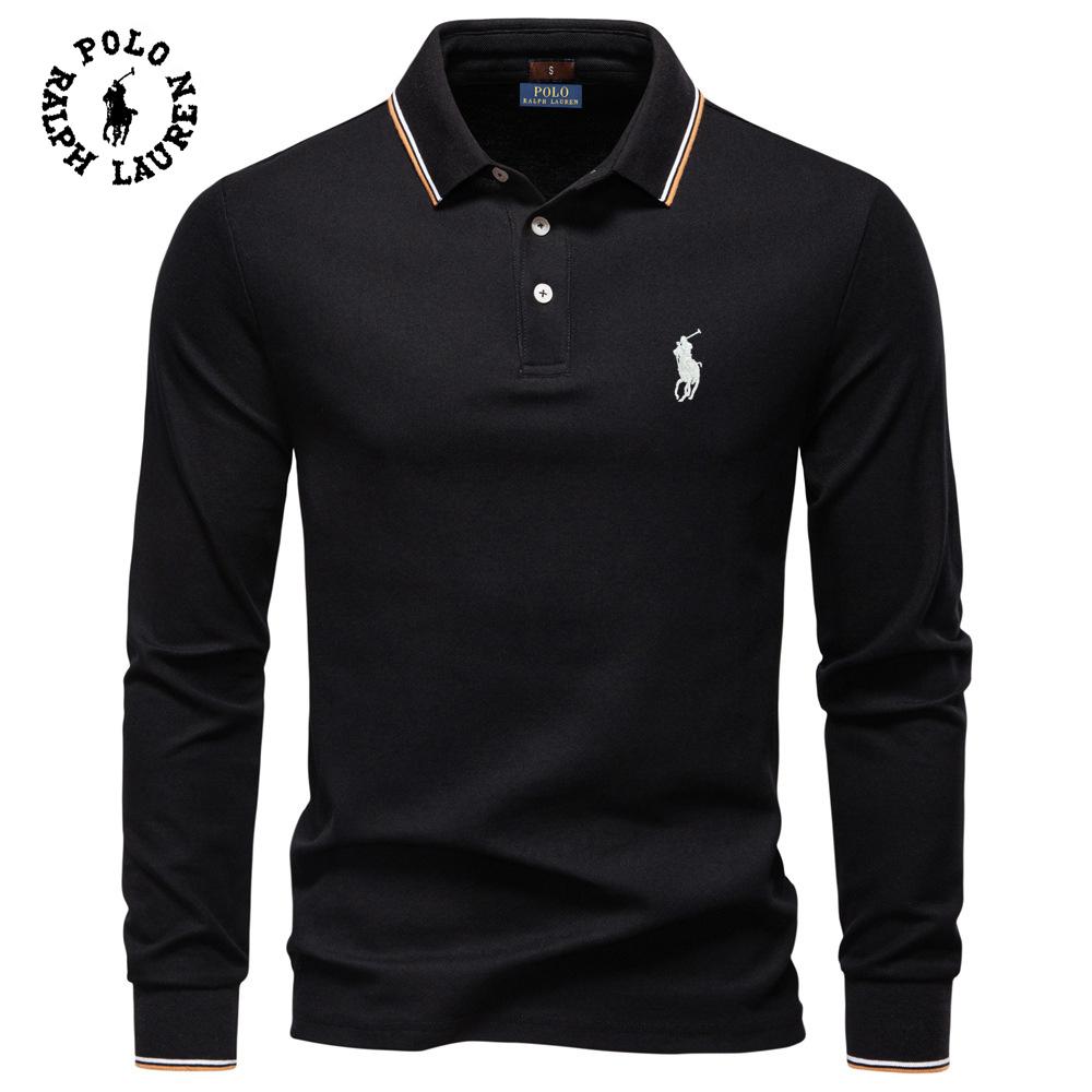 Мужская рубашка-поло с длинным рукавом Ralph Lauren Осень 2026, Новинка, с вышивкой, Однотонный мужской топ с воротником-стойкой, Универсальная мужская рубашка-поло