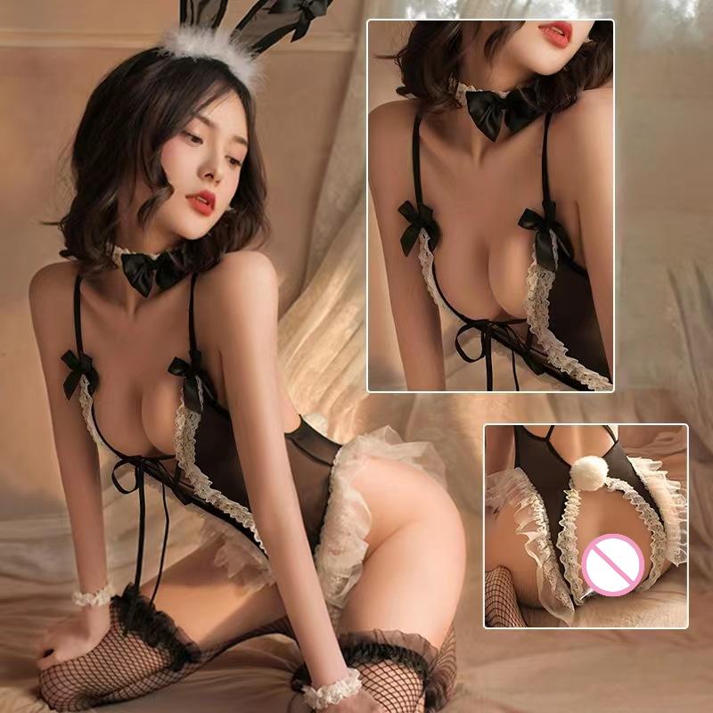 Сексуальное нижнее белье Милый косплей кролика Слитный боди с вырезами Кружево Открытая промежность Кавайный Набор униформы кролика-батлера для ролевых игр для пары