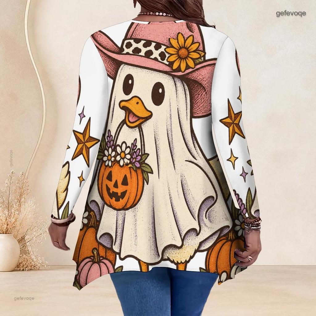 Women Plus Size V Neck Long Sleeve Halloween Ghost Pumpkin Printed Asymmetric Hem Tunic Top