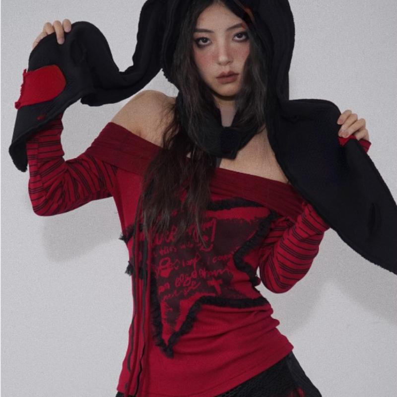 Модные футболки Harajuku Y2k с принтом букв 2026 Длинный рукав С открытыми плечами Полосатые футболки Уличная одежда Женские гранж Футболки с косым вырезом