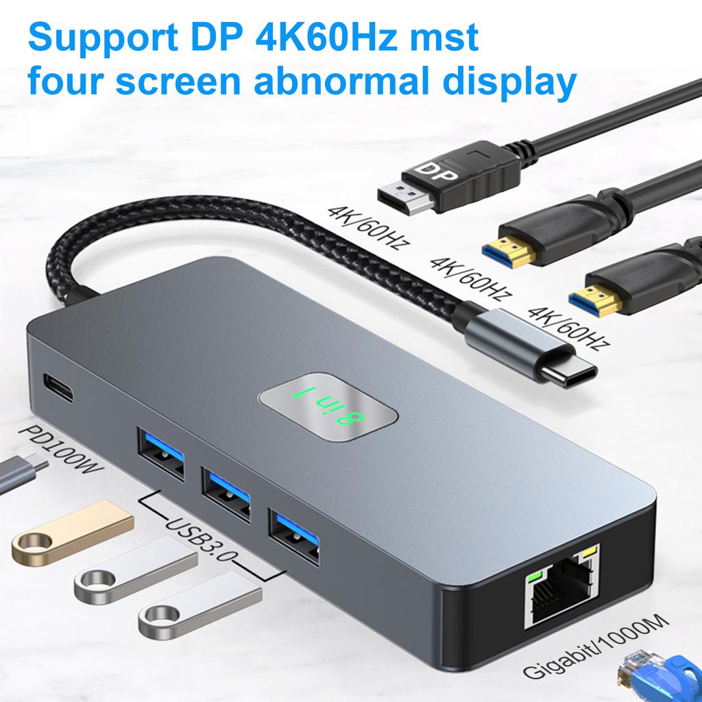 8 In 1 TYPE-C To RJ45 Gigabit USB 3.0 HDMI DP PD100W Interface Hub Adapter Dock