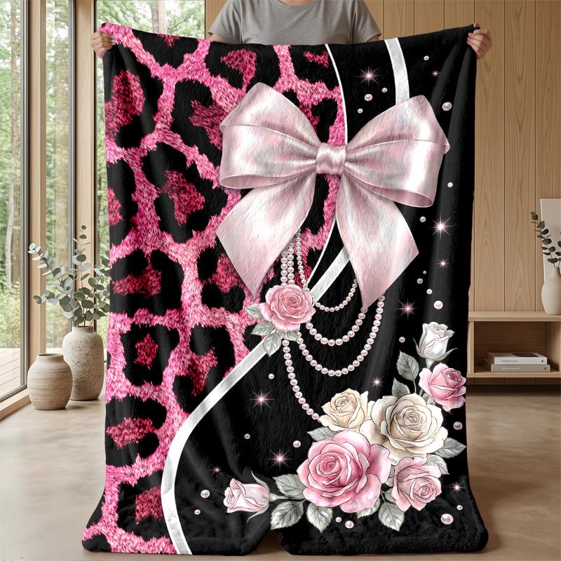 Pink Leopard Roses Bow Theme blanket Lightweight Warm Flannel Blanket Decorative Throw Blanket for Home Decoration