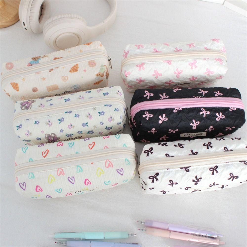 Large Capacity Bow Print Pencil Case INS Makeup Bag Simple Pen Bags Back to School Gifts