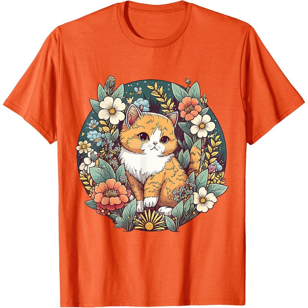 Cute Cottagecore Floral Cat Aesthetic Graphic Tee for Unisex Breathable Short Sleeve T-Shirt