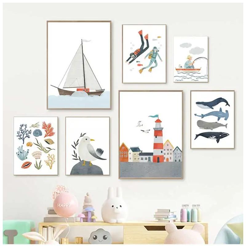 Sailboat Lighthouse Whale Seagull Shell Diver Posters Prints Canvas Painting Nordic Wall Art Pictures Kids Room Home Decor